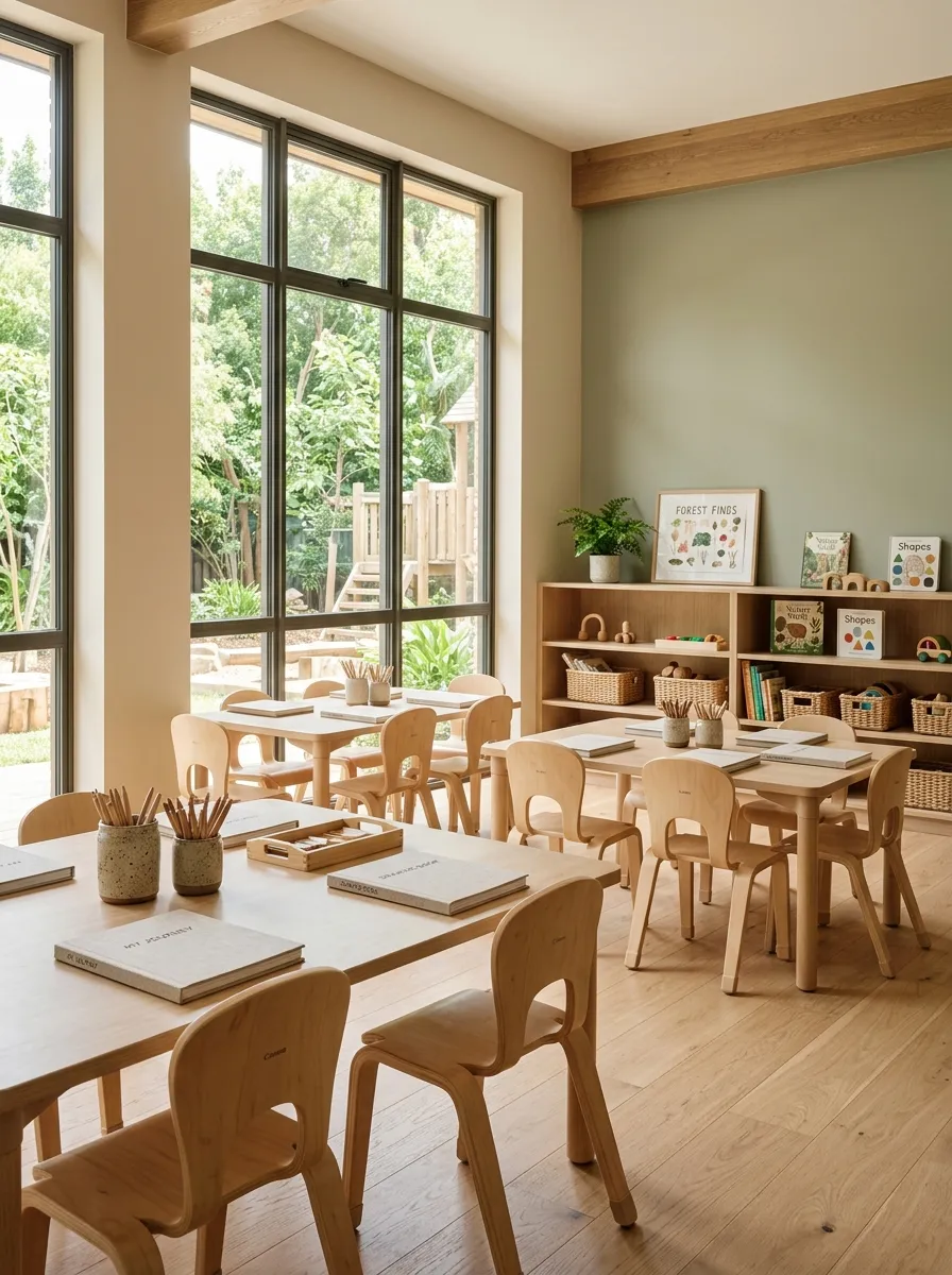 Preschool classroom styled in a calming neutral color palette with warm beige, sage green, and terracotta