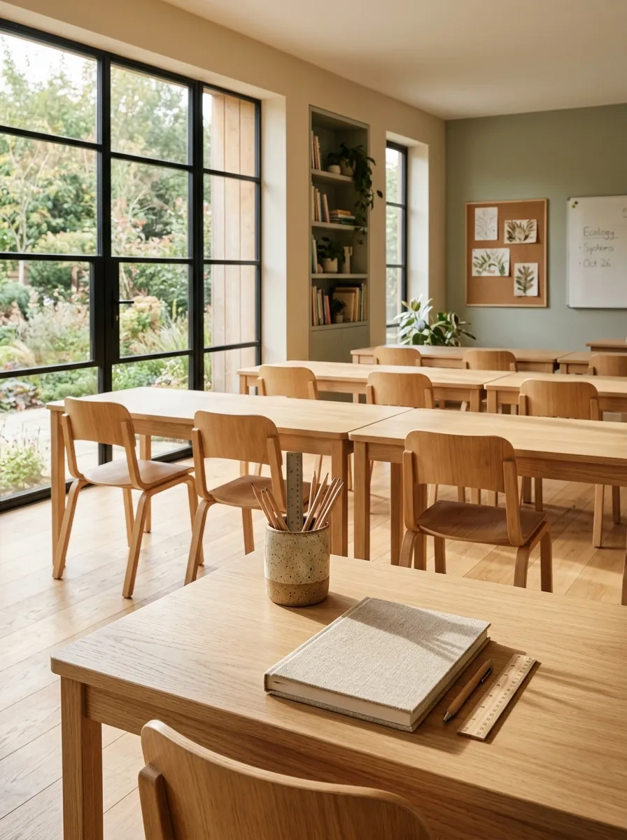 Teaching classroom styled in a calming organic color palette with warm beige, sage green, and soft terracotta