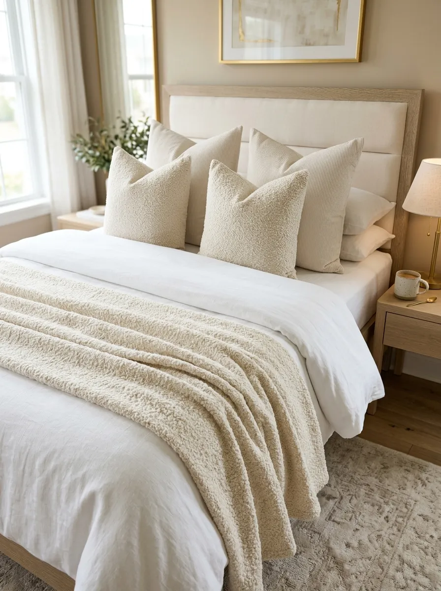Close-up of a luxury bed styled with layered cream bouclé pillows and crisp white linen sheets
