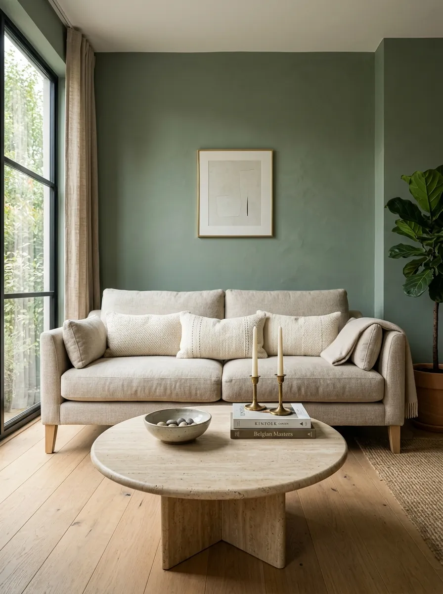 Living room featuring a velvety matte sage green accent wall behind a warm oatmeal linen sofa