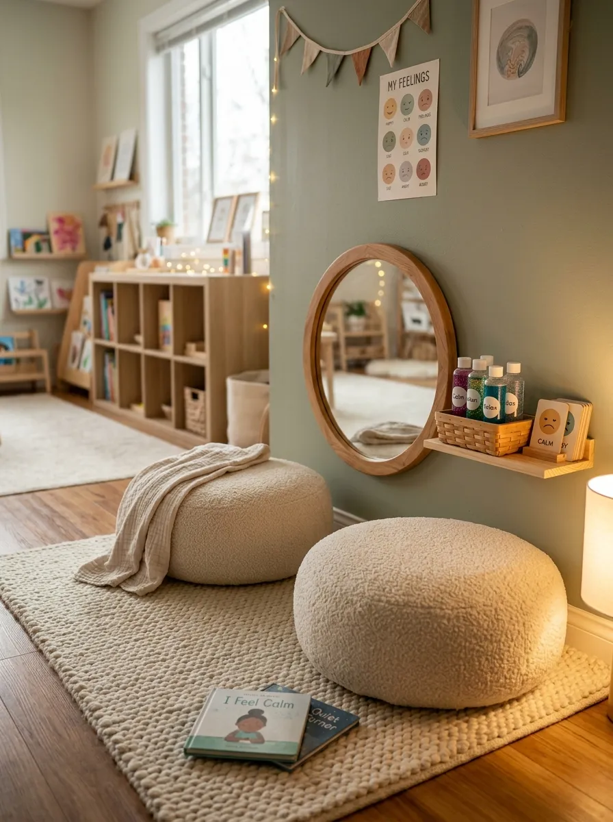 Quiet calm-down sanctuary featuring cream floor poufs, a shatterproof wooden-framed mirror, and sensory bottles