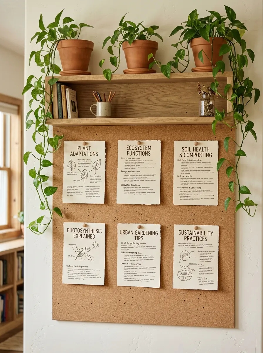 Full corkboard wall installation with wooden pushpins, bordered by trailing potted plants