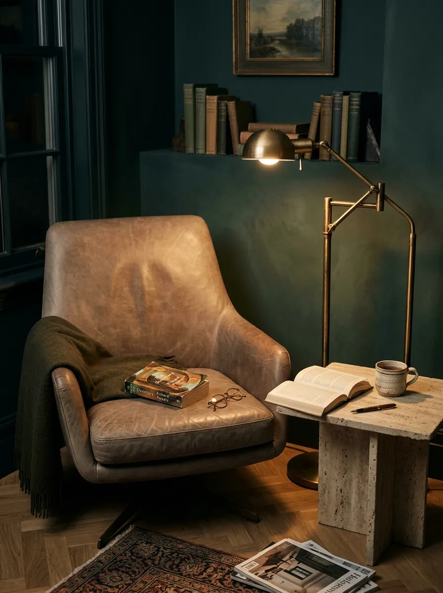 Moody living room with a deep juniper green feature wall and a natural taupe leather armchair