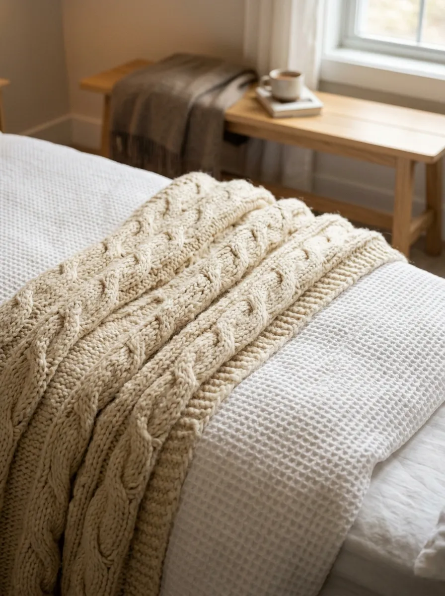 Folded heavy cream cable knit throw blanket resting on the corner of a white linen duvet