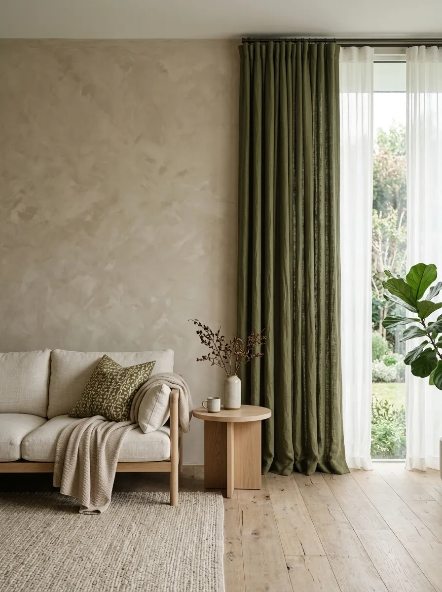 Living room with textured earthy beige limewash walls and floor-to-ceiling olive green linen drapes