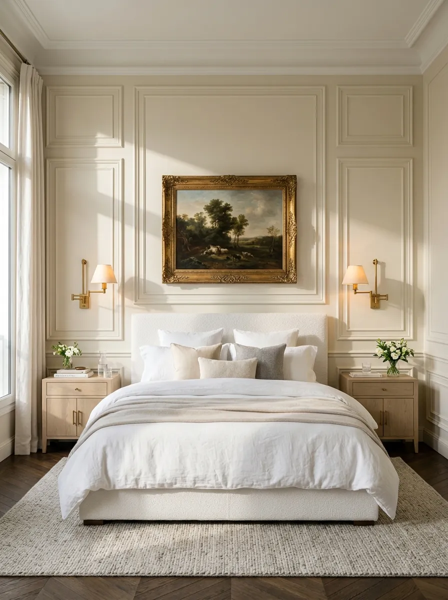 Master bedroom with traditional picture frame wall molding painted entirely in a rich cream color