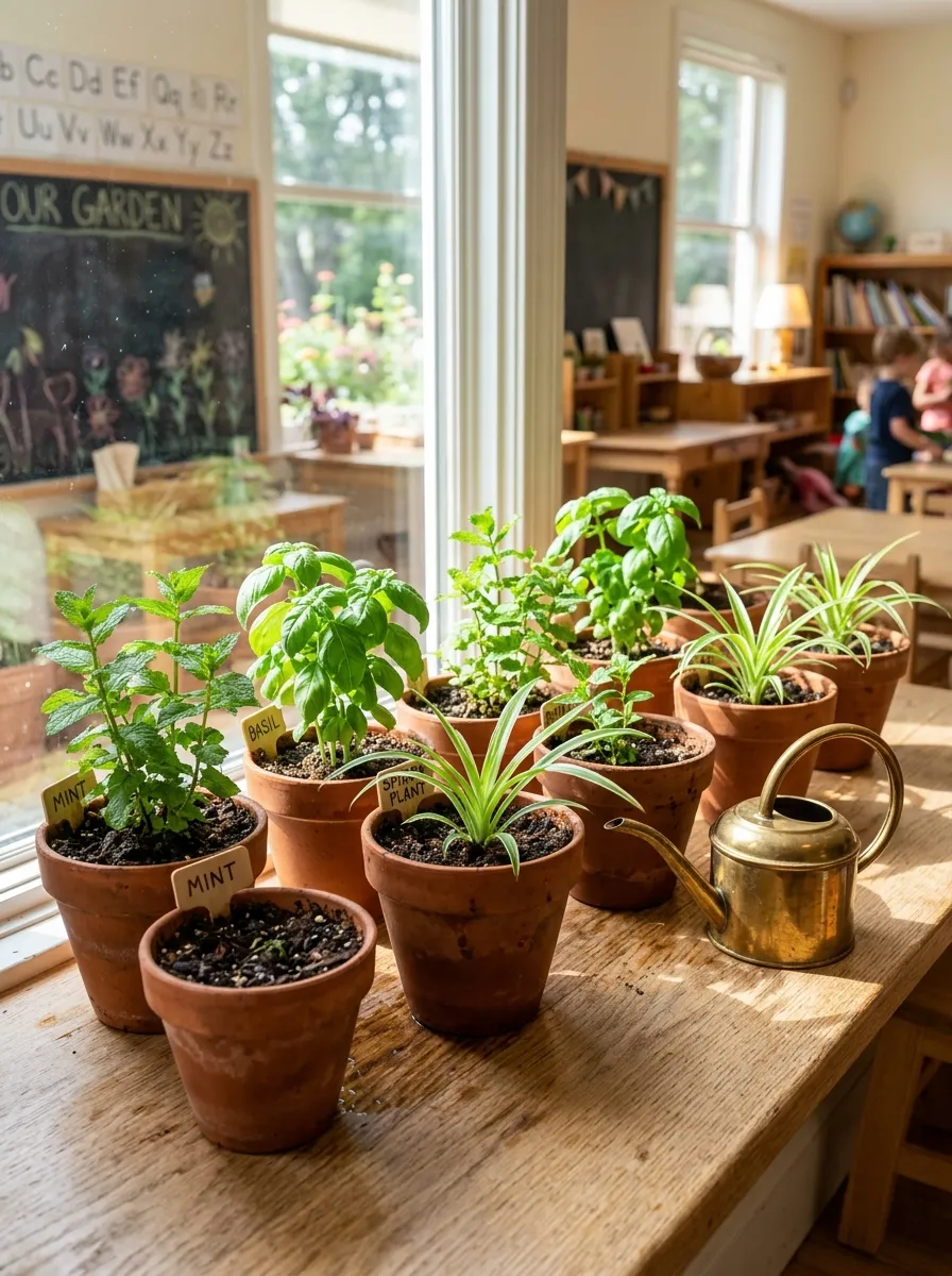 Bright classroom windowsill lined with porous terracotta pots holding green herbs and plants