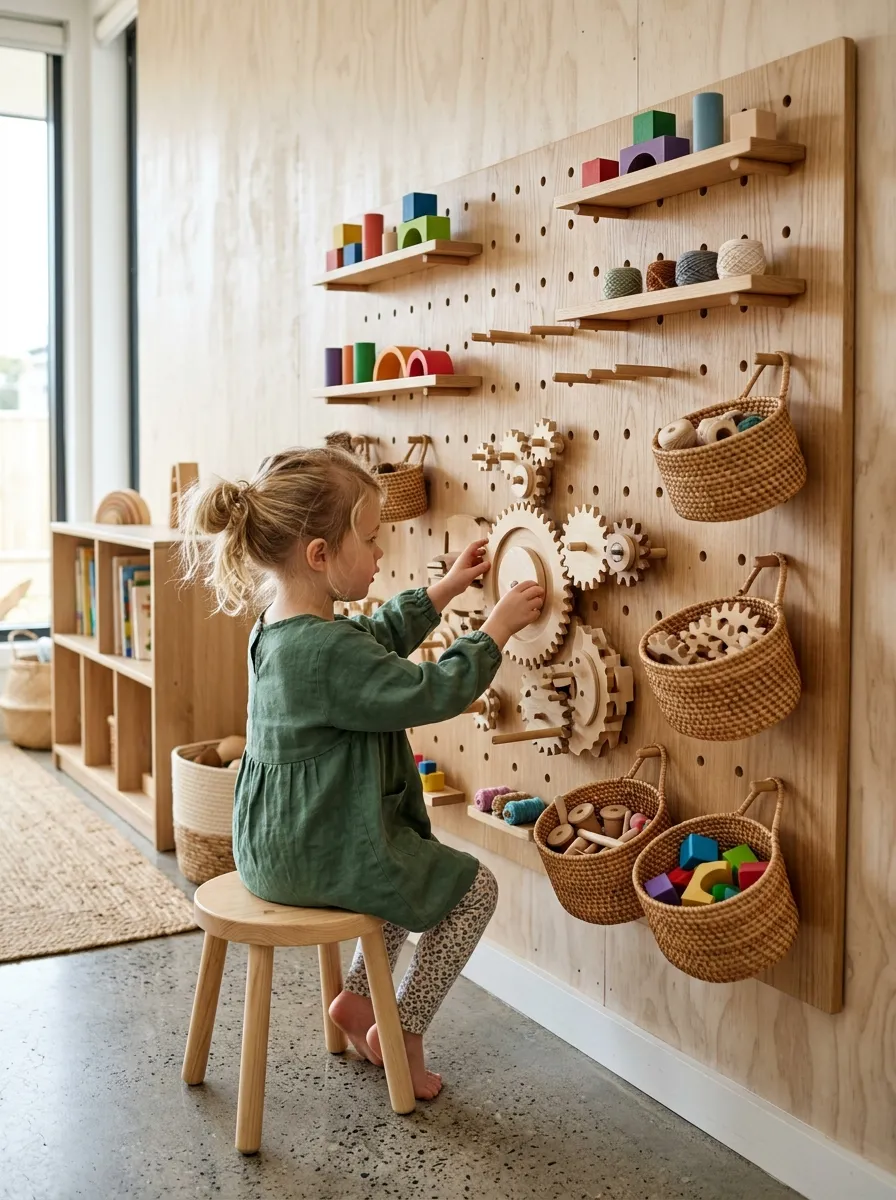 Light oak pegboard wall with wooden pegs, geometric blocks, and rattan baskets for loose parts play