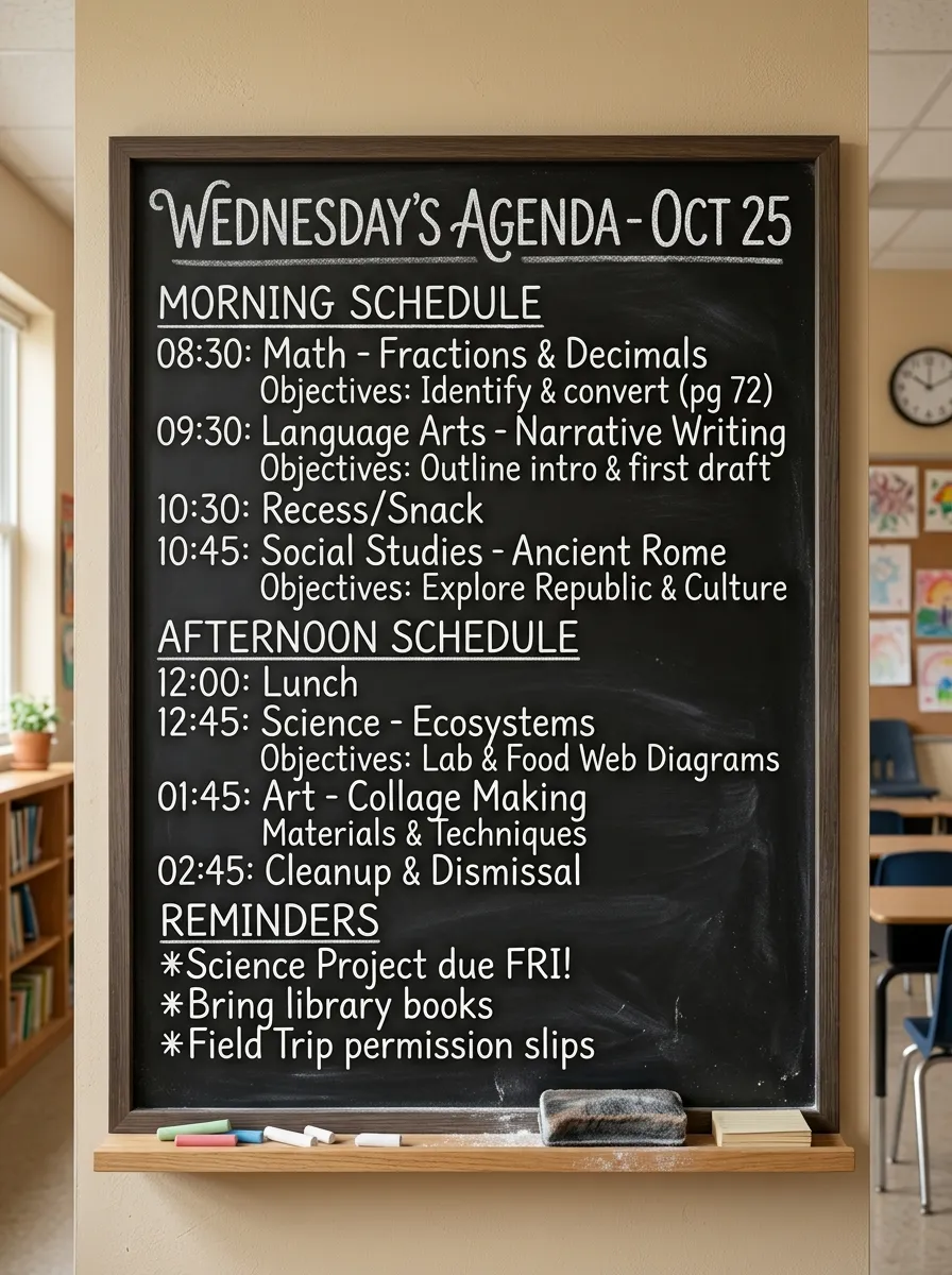 Framed matte black slate chalkboard displaying elegant hand-written white chalk schedules