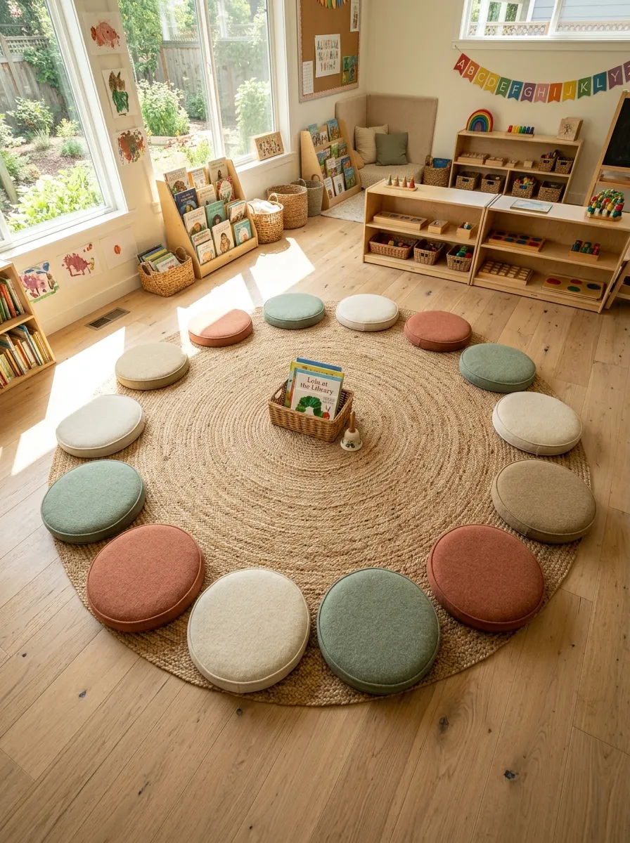 Large round braided jute rug with individual circular neutral wool floor cushions for morning gathering
