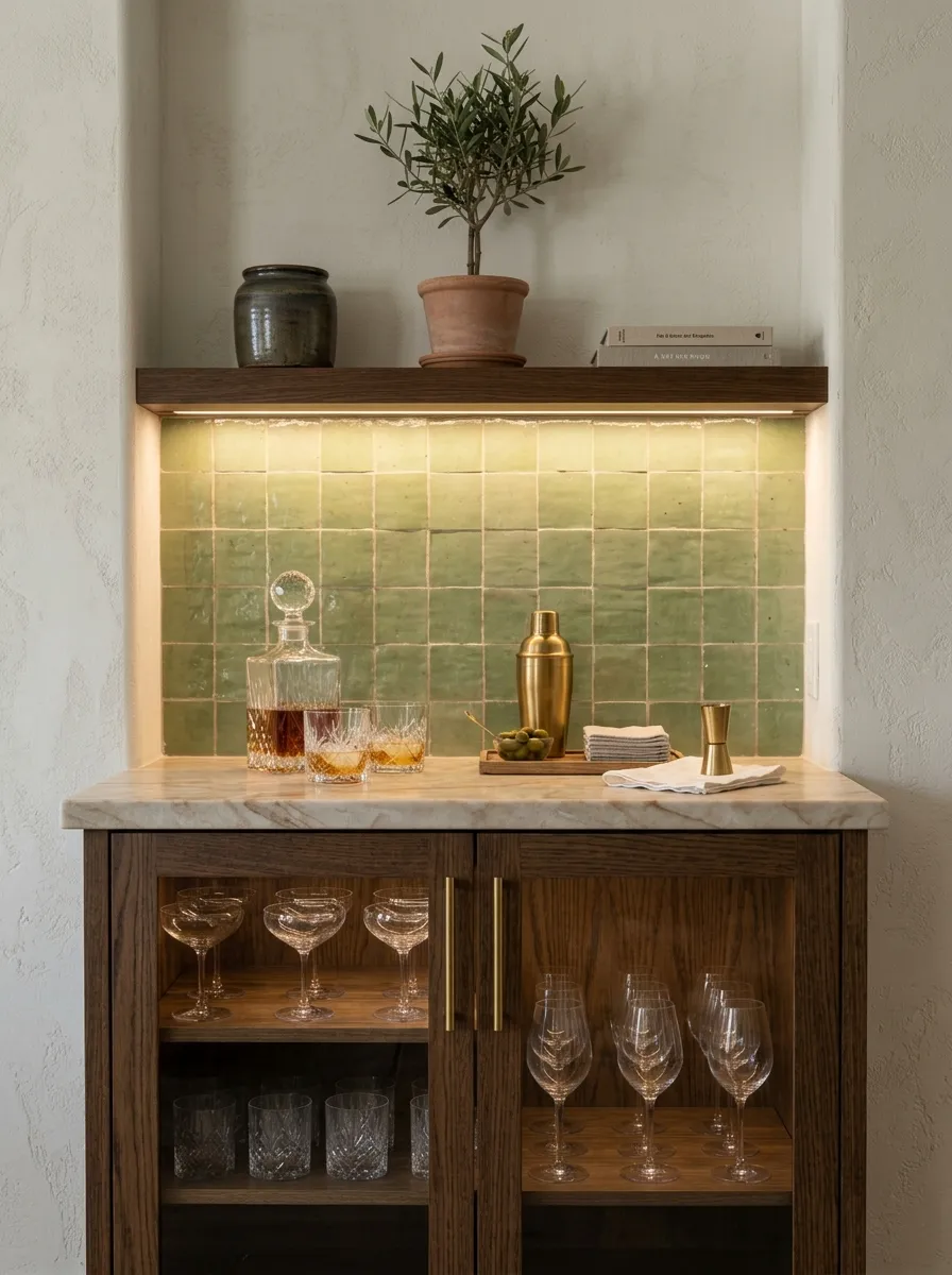 Living room bar nook with hand-cut glossy pistachio green zellige tiles and a warm beige marble countertop