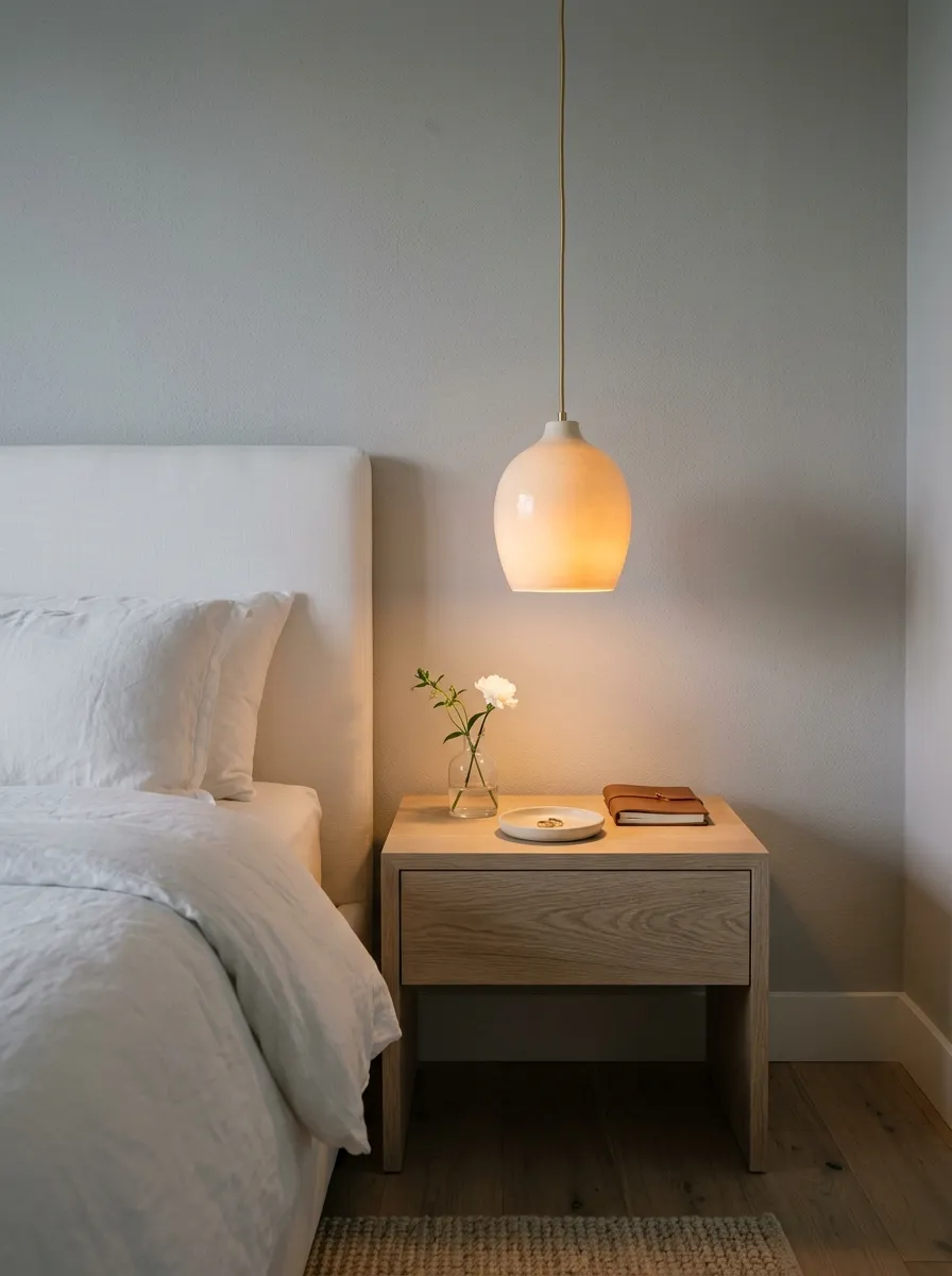 Symmetrical bedside design featuring hanging cream ceramic pendant lights over white oak nightstands