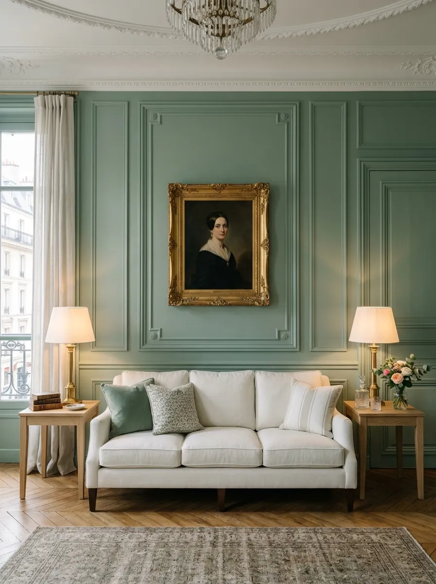 Classic living room featuring soft celadon green picture frame wainscoting behind an ivory linen sofa