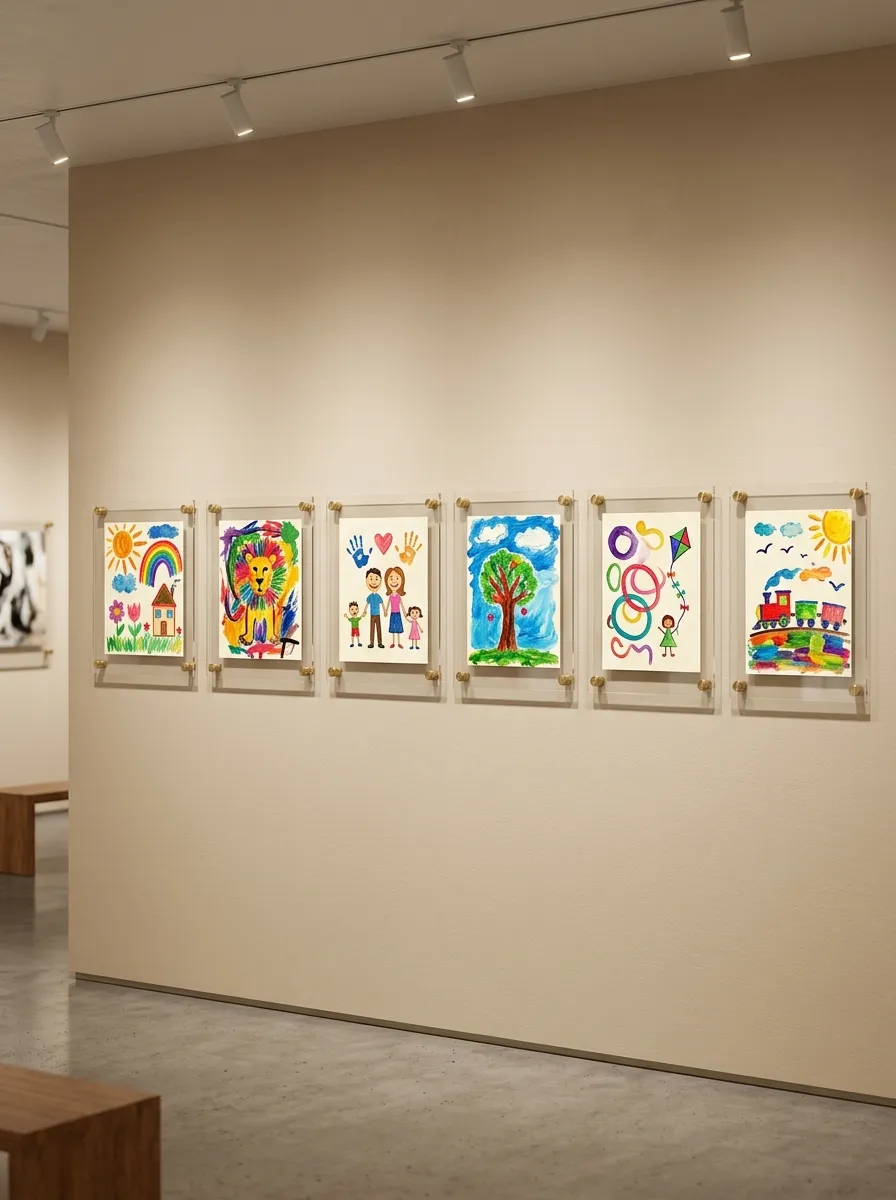 Modern classroom gallery wall featuring clear acrylic frames with brass stand-offs displaying children's art