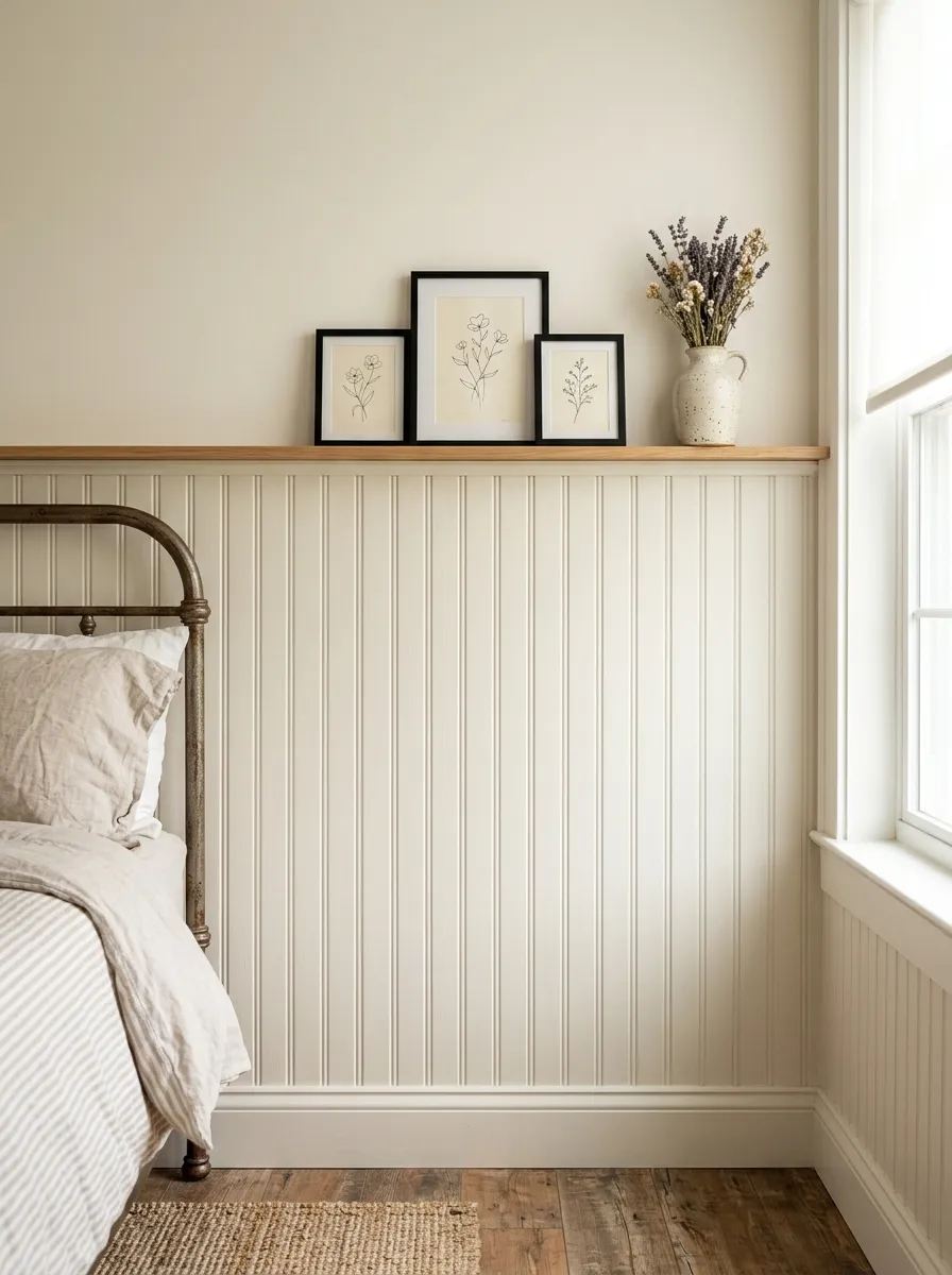 Bedroom wall with half-wall white beadboard paneling topped with a display ledge