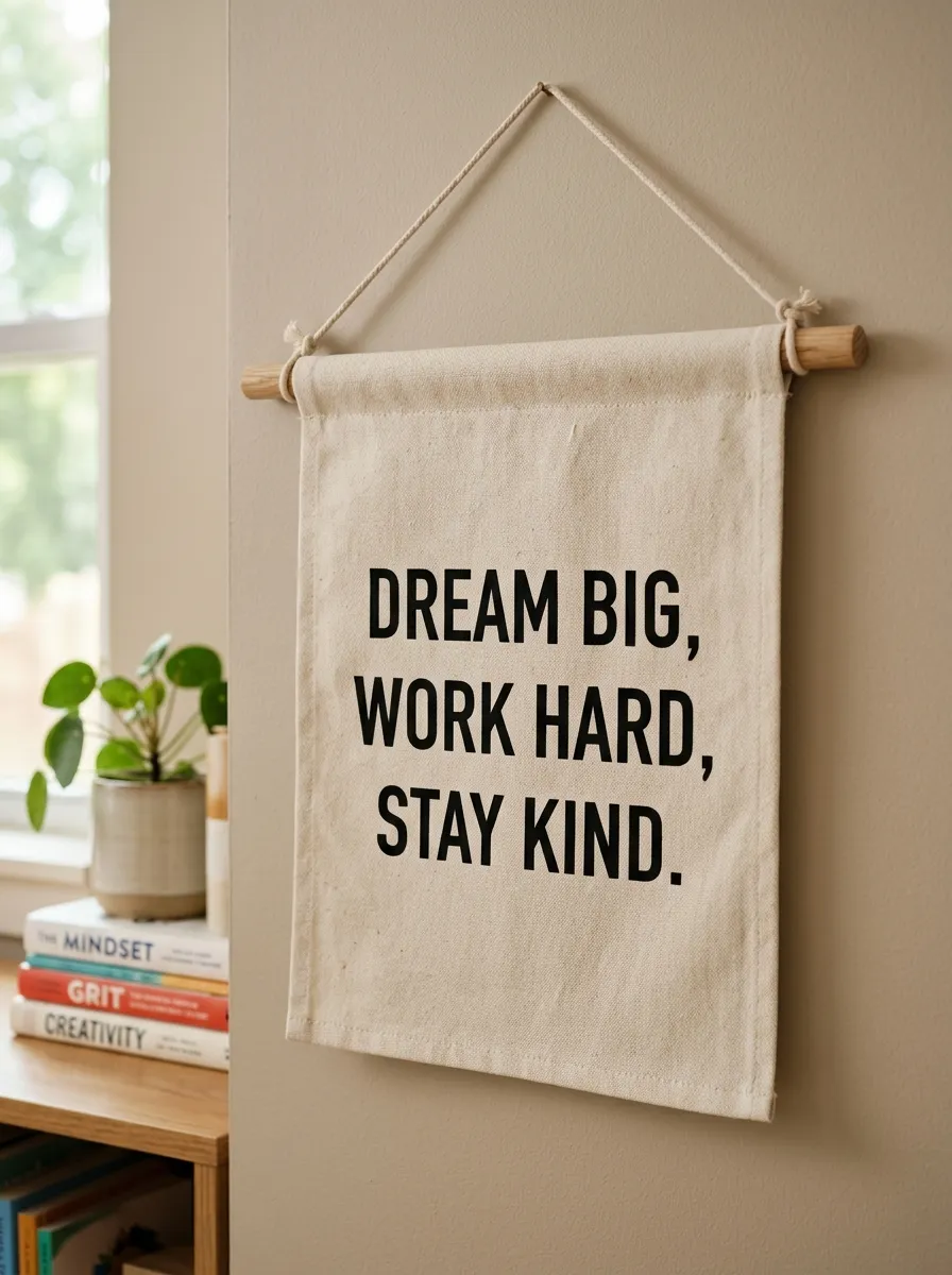 Heavy cream linen flag banner with clean printed black typography hanging on a light wood dowel