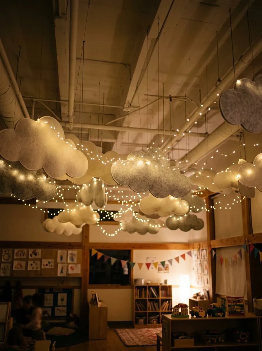Preschool ceiling featuring soft organic felt acoustic cloud panels and warm glowing string lights