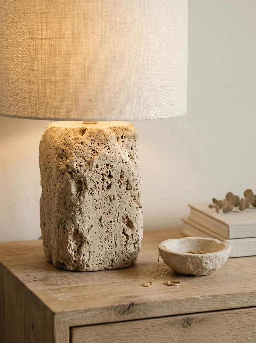 Bedside table with a natural porous travertine stone lamp base set against cream walls