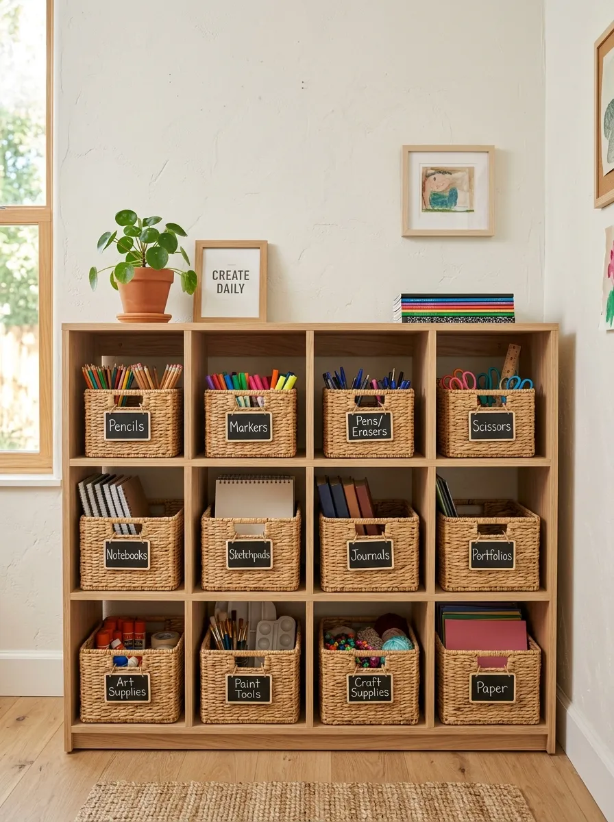 Low open white oak cubby shelving filled with hand-woven rattan storage baskets