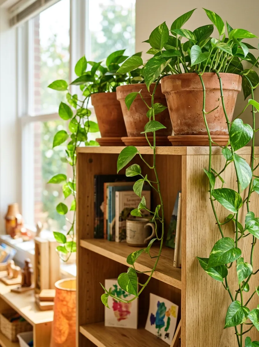 Raw terracotta clay pots with trailing pothos vines resting on a light white oak bookshelf