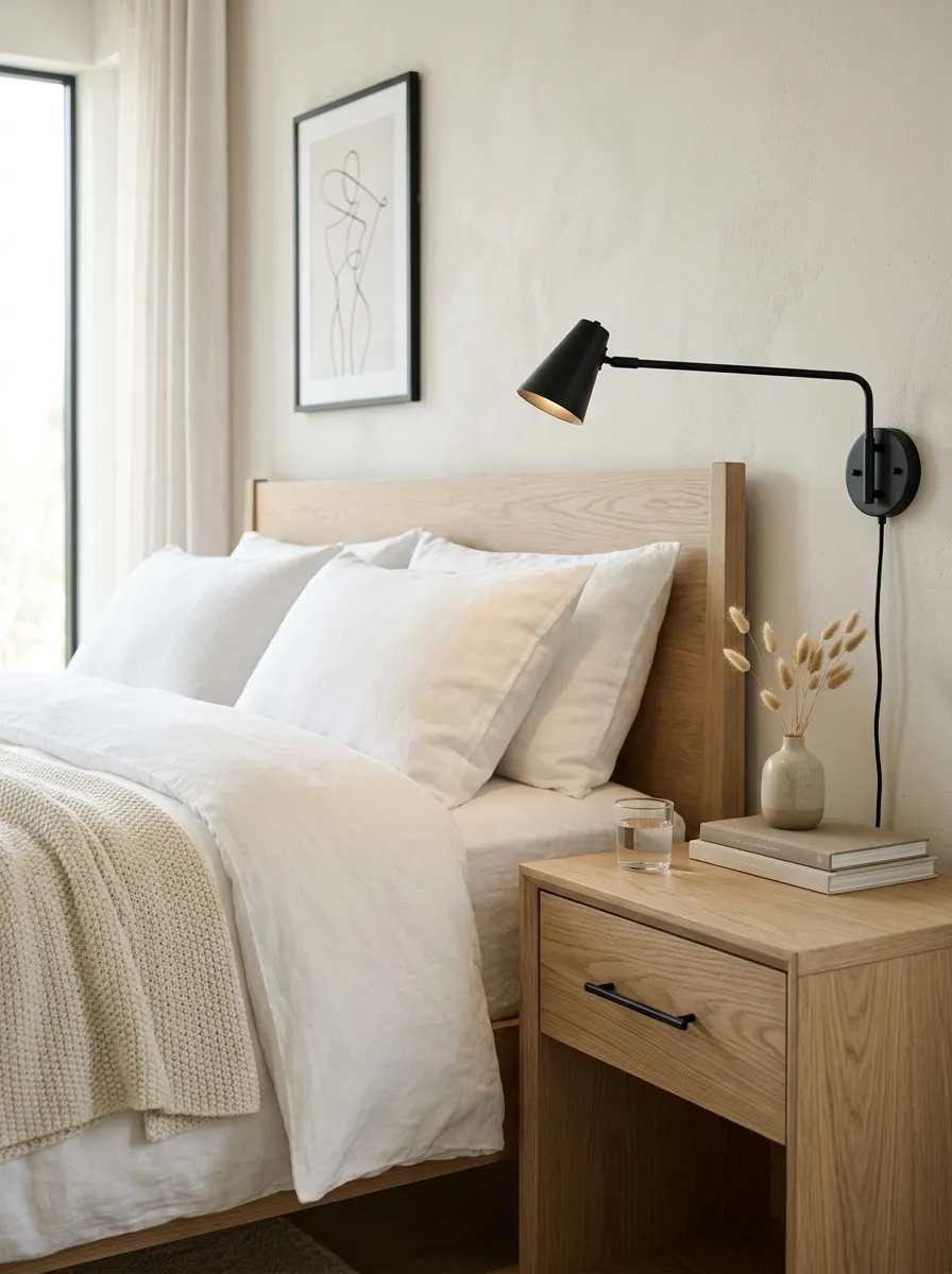 Cream and white bedroom featuring thin matte black metal accents on light fixtures and drawer pulls