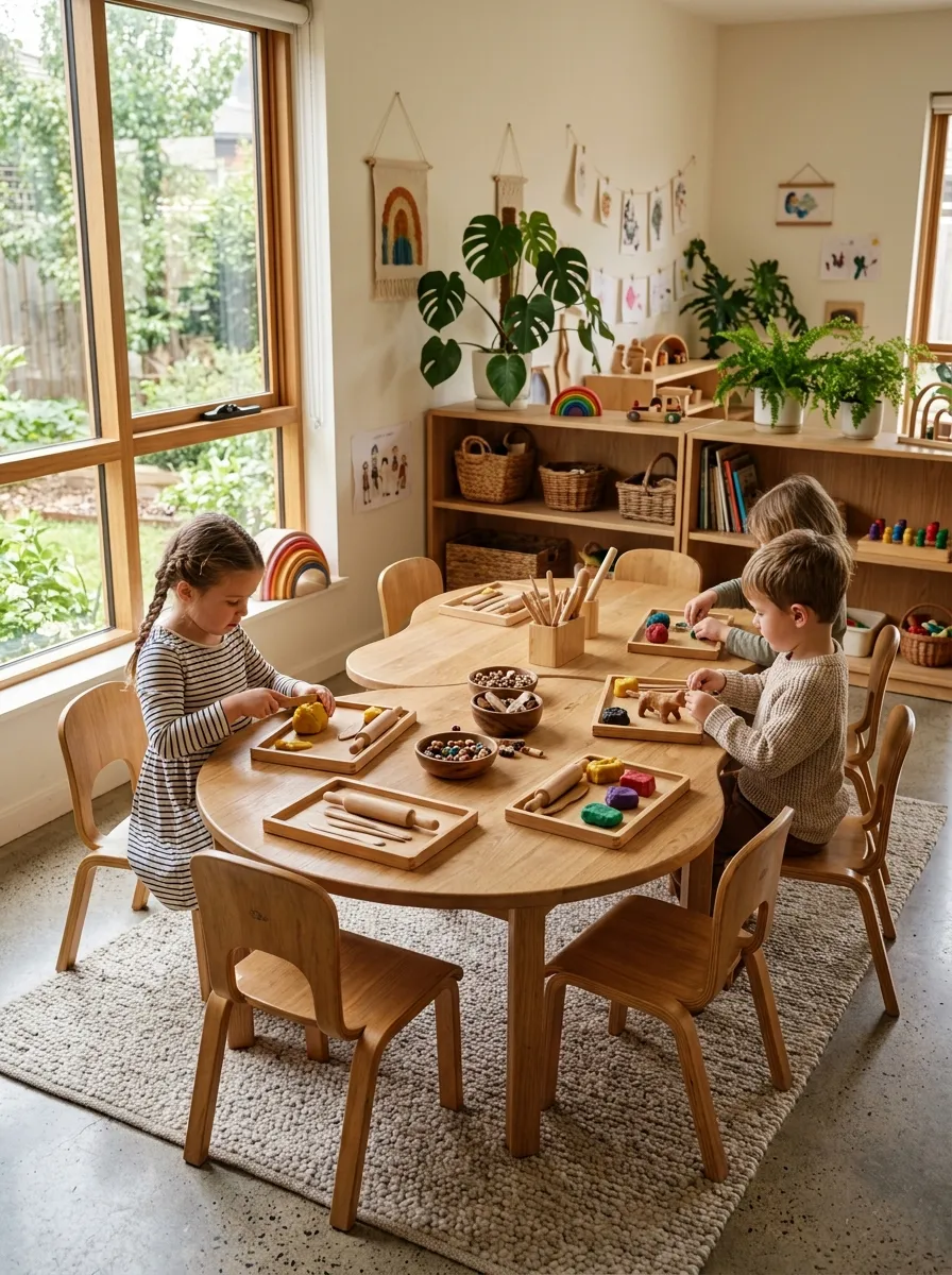 Kid-height organic kidney-shaped white oak tables paired with sturdy wooden bentwood chairs