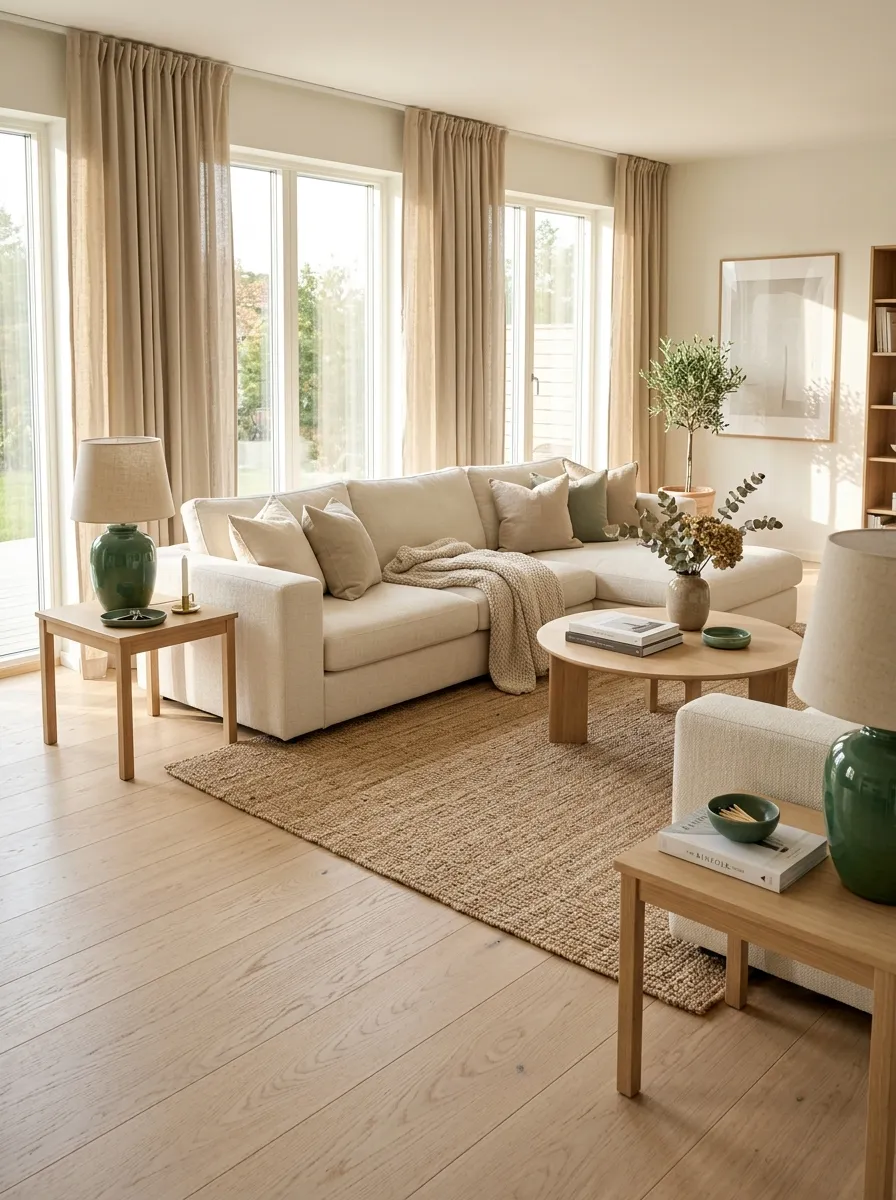 Sun-drenched living room with light white oak floors, sand linen drapes, and jade green ceramic decor