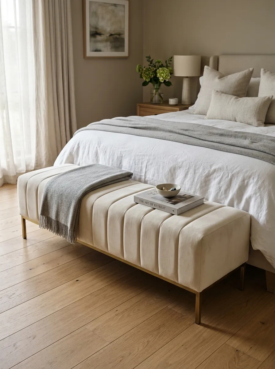 Foot of a master bed featuring a long, plush cream velvet bench with channel stitching