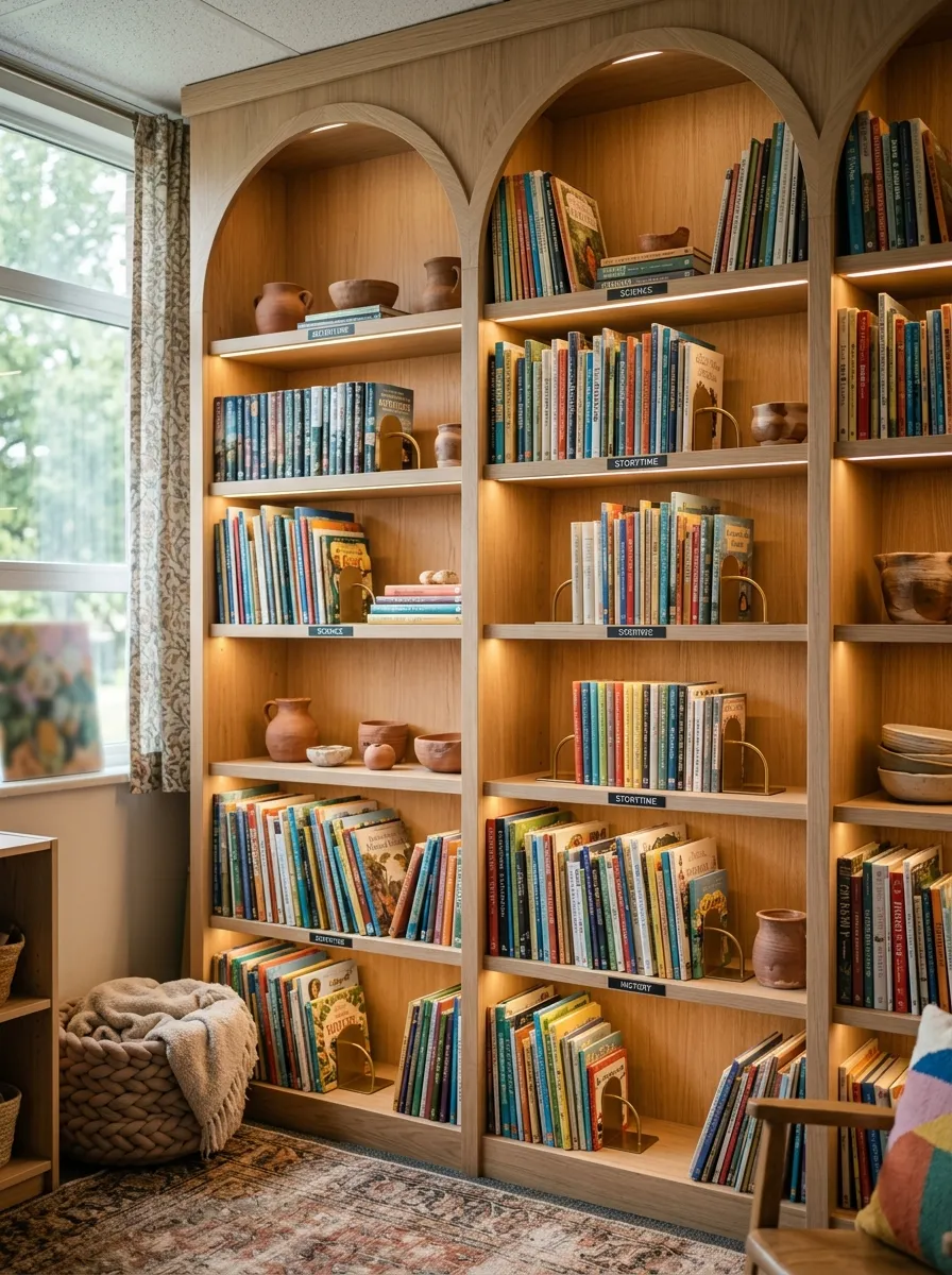 Custom light white oak arched bookcases filled with organized children's books and stoneware