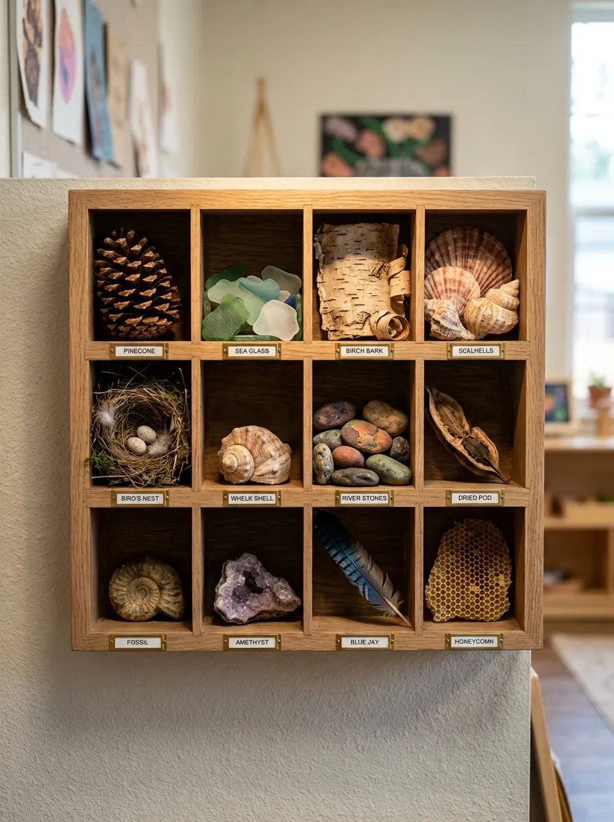 Wall-mounted white oak shadow box displaying natural specimens like pinecones, seashells, and birch bark