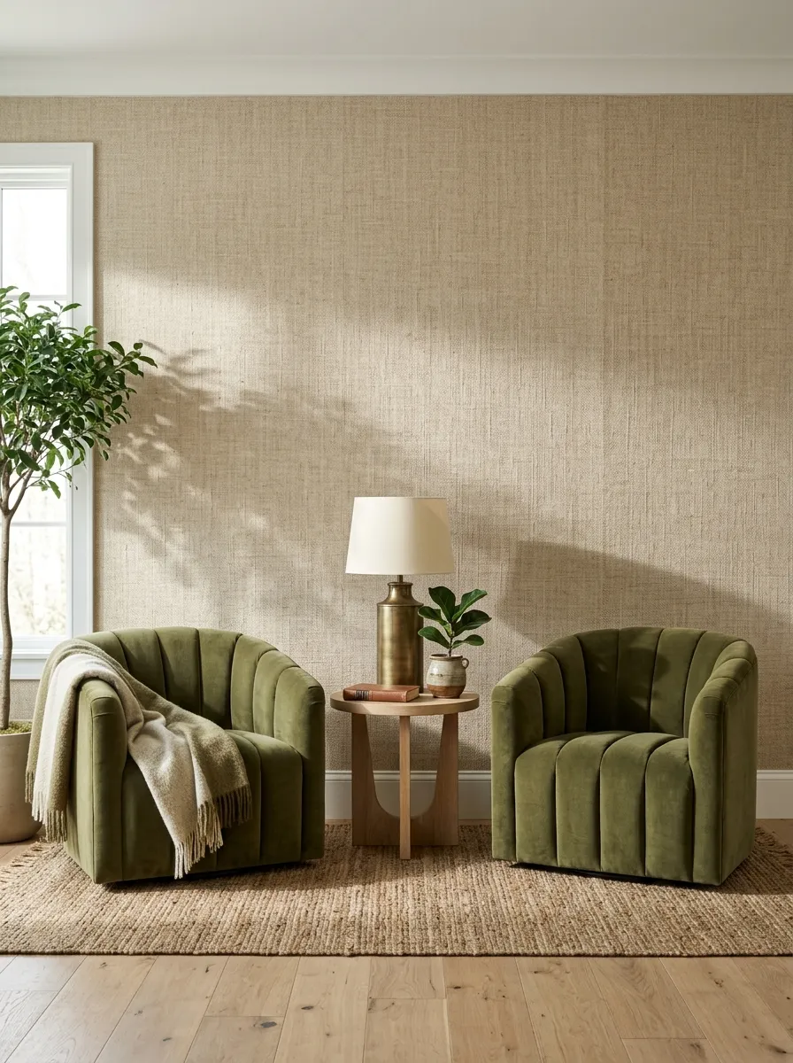 Sophisticated living room with textured woven beige linen wallpaper behind olive green velvet chairs