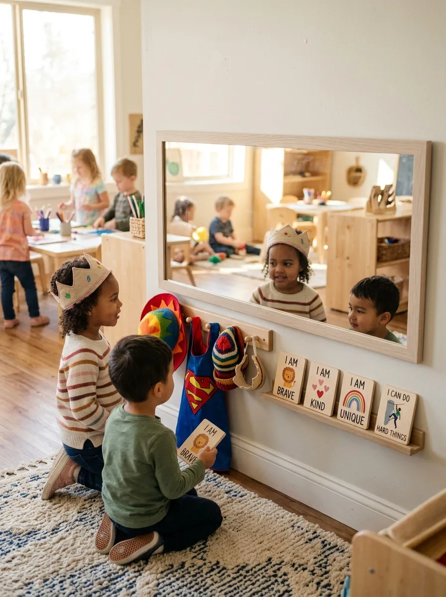 Child-height floor mirror in a white oak frame flanked by dress-up pegs and positive affirmation cards