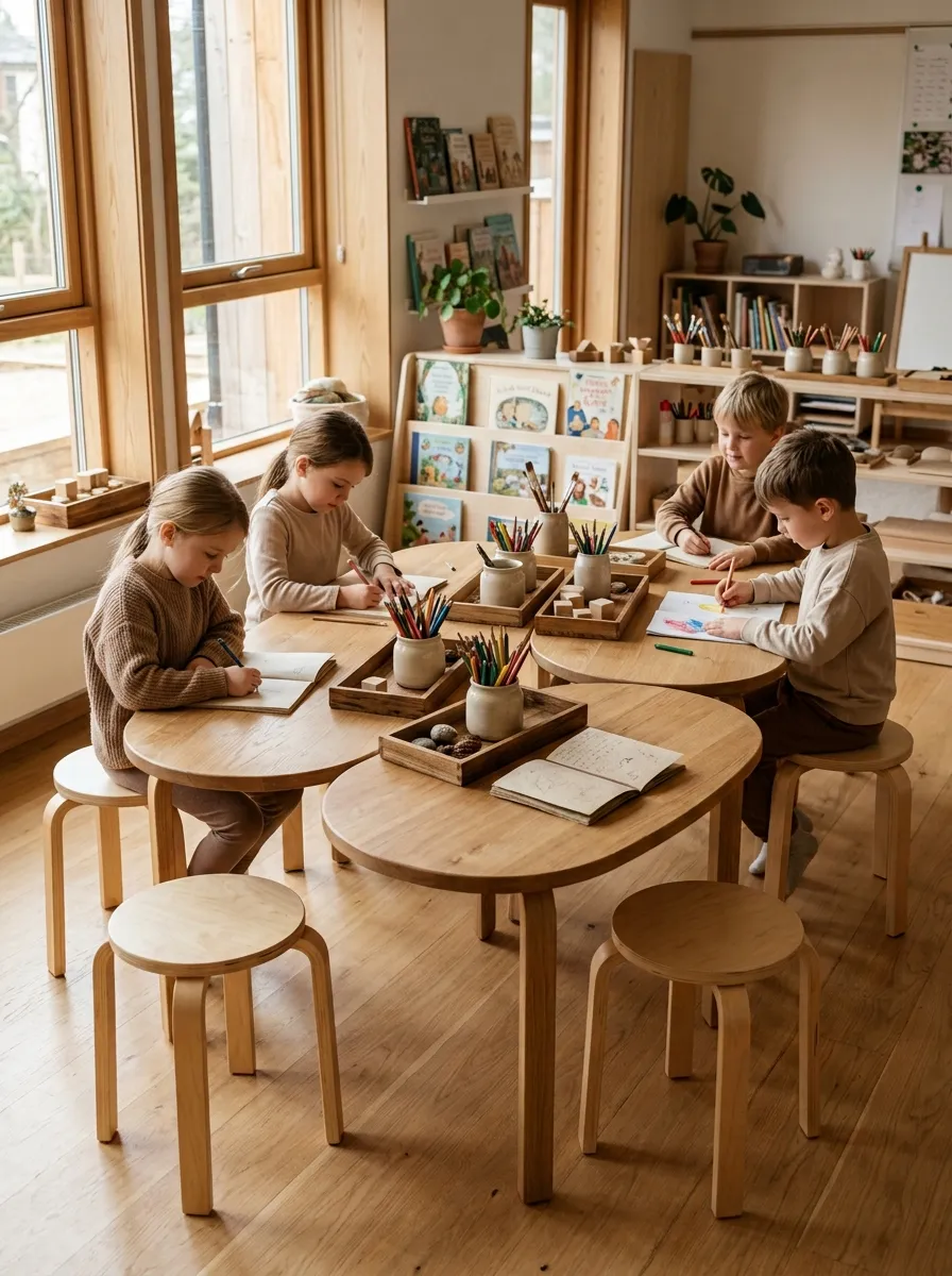 Kid-height organic kidney-shaped white oak tables paired with sturdy wooden bentwood chairs