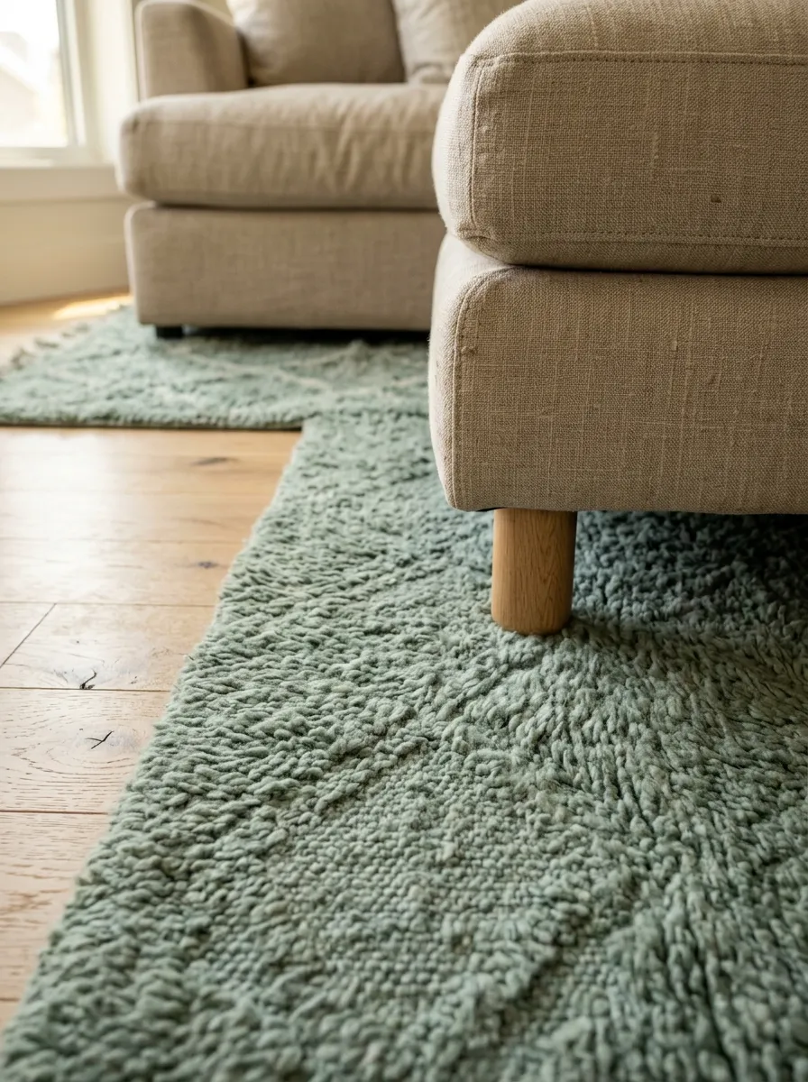 Living room floor detail featuring a muted seafoam green wool rug placed beneath a beige linen sectional sofa