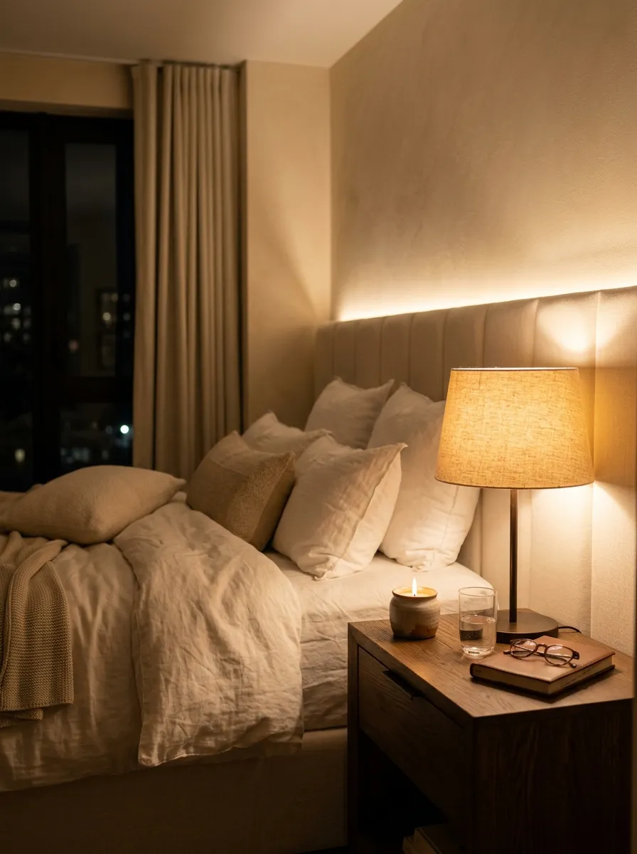 Cozy evening bedroom view with soft warm glowing bedside lamps and dim ambient cove lighting