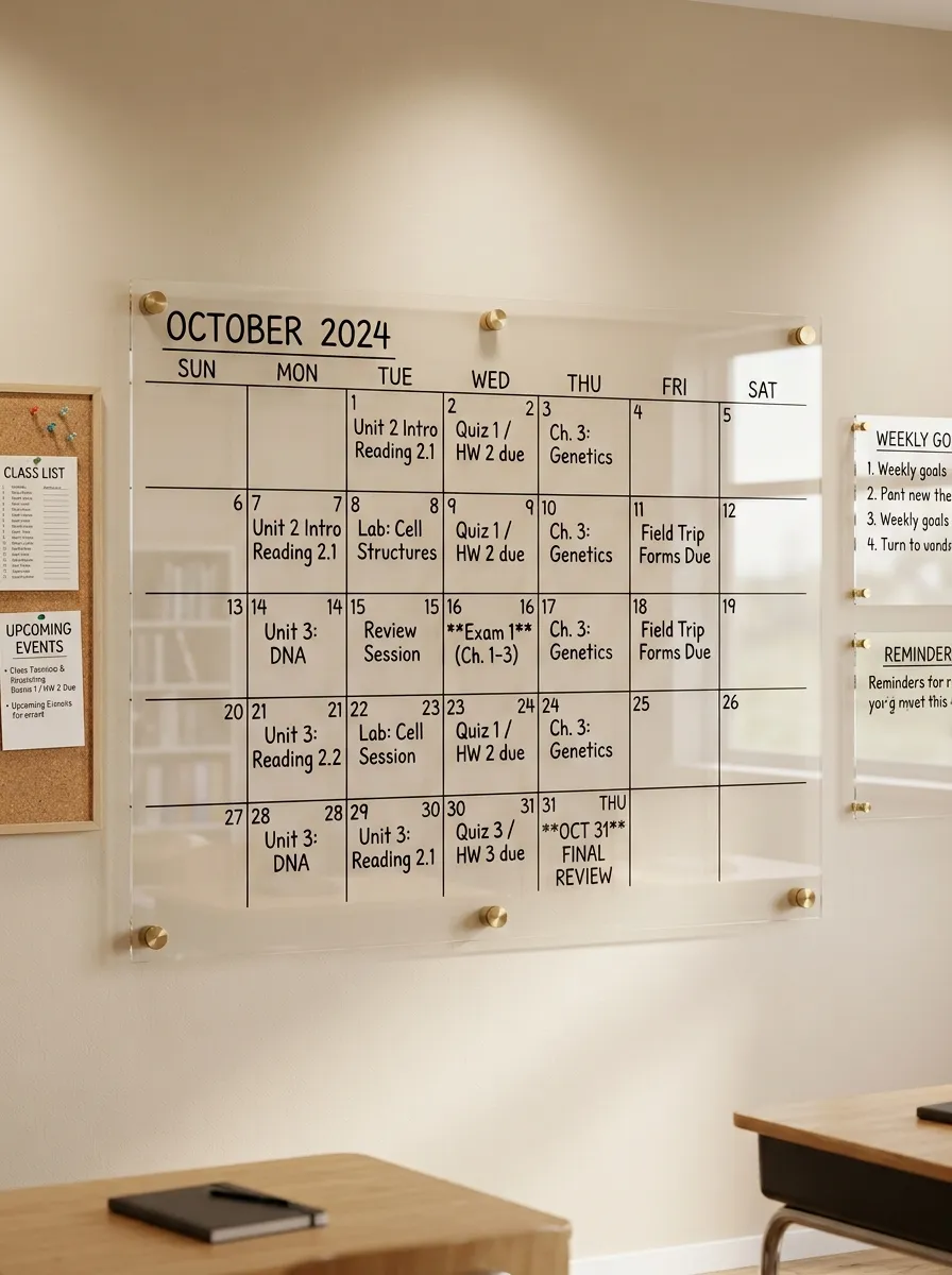 Clear floating acrylic monthly calendar board mounted on a warm beige wall with brass hardware