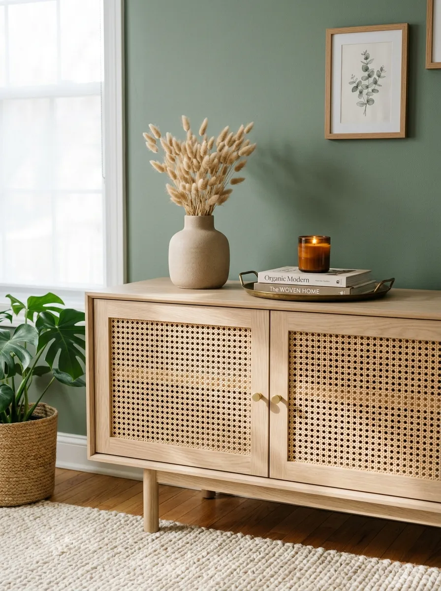 Living room nook with a natural woven cane credenza set against a sage green wall with a beige rug