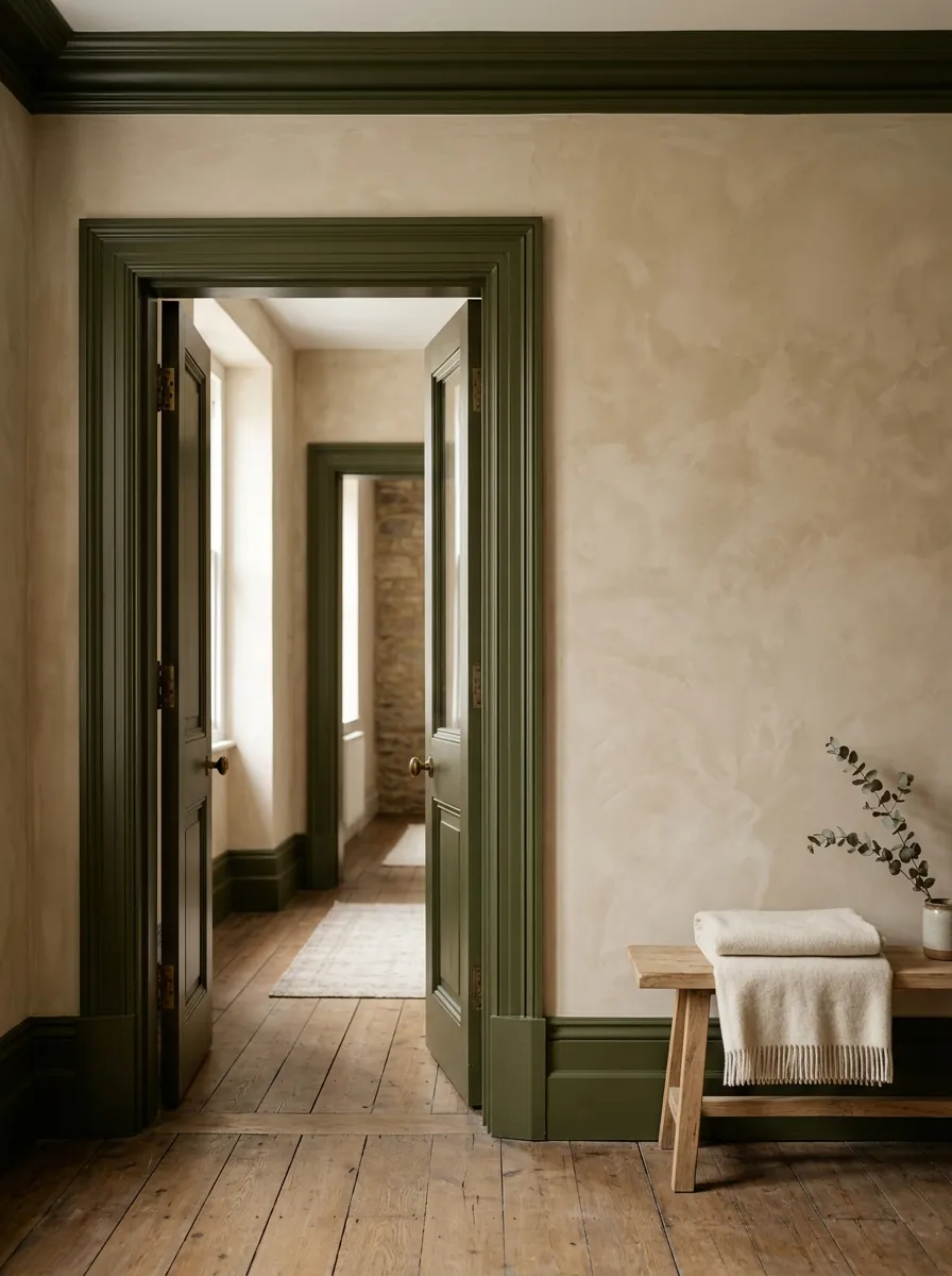 Living room showcasing dark olive green painted baseboards and door trim contrasted against warm beige plaster