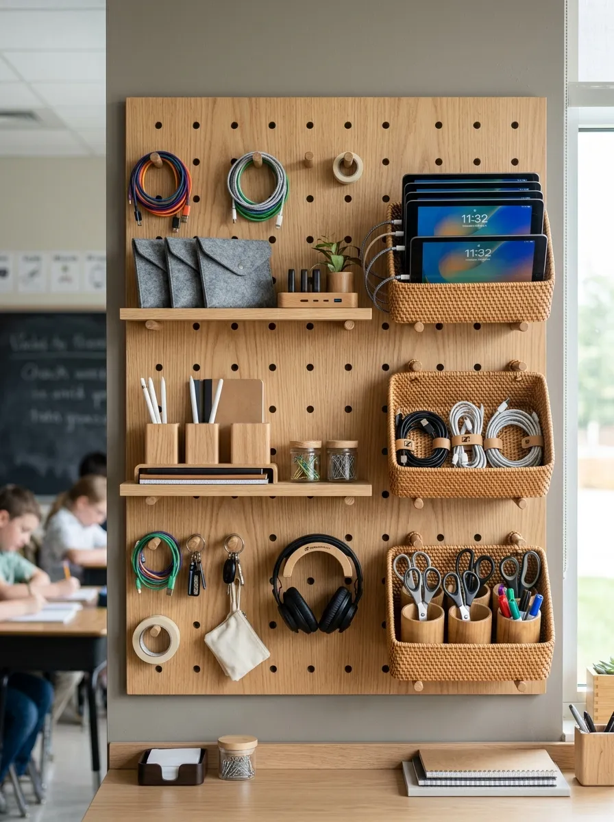 Light oak pegboard wall fitted with wooden pegs holding tablet devices, cables, and rattan baskets