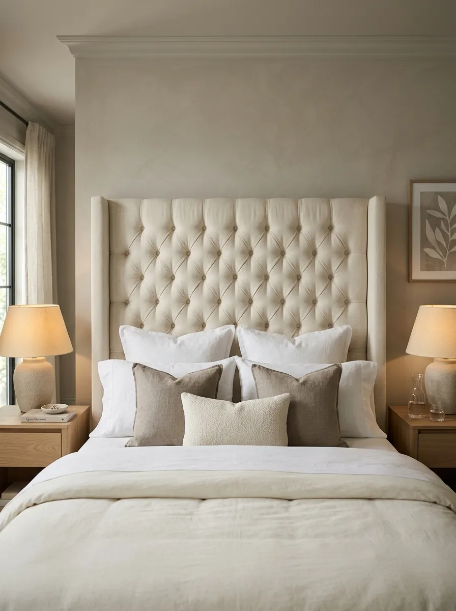 Symmetrical view of an elegant master bed featuring a tall cream upholstered tufted headboard