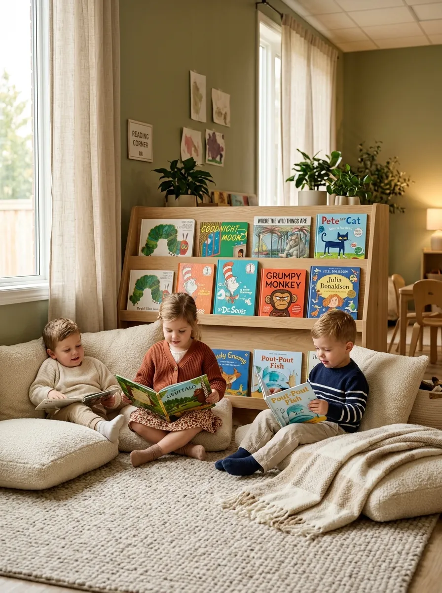 Cozy preschool reading nook with a low-profile front-facing white oak book ledge and plush neutral floor cushions