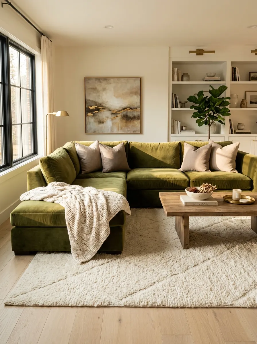 Luxury living room featuring an olive green velvet sectional sofa anchored on a plush cream wool area rug