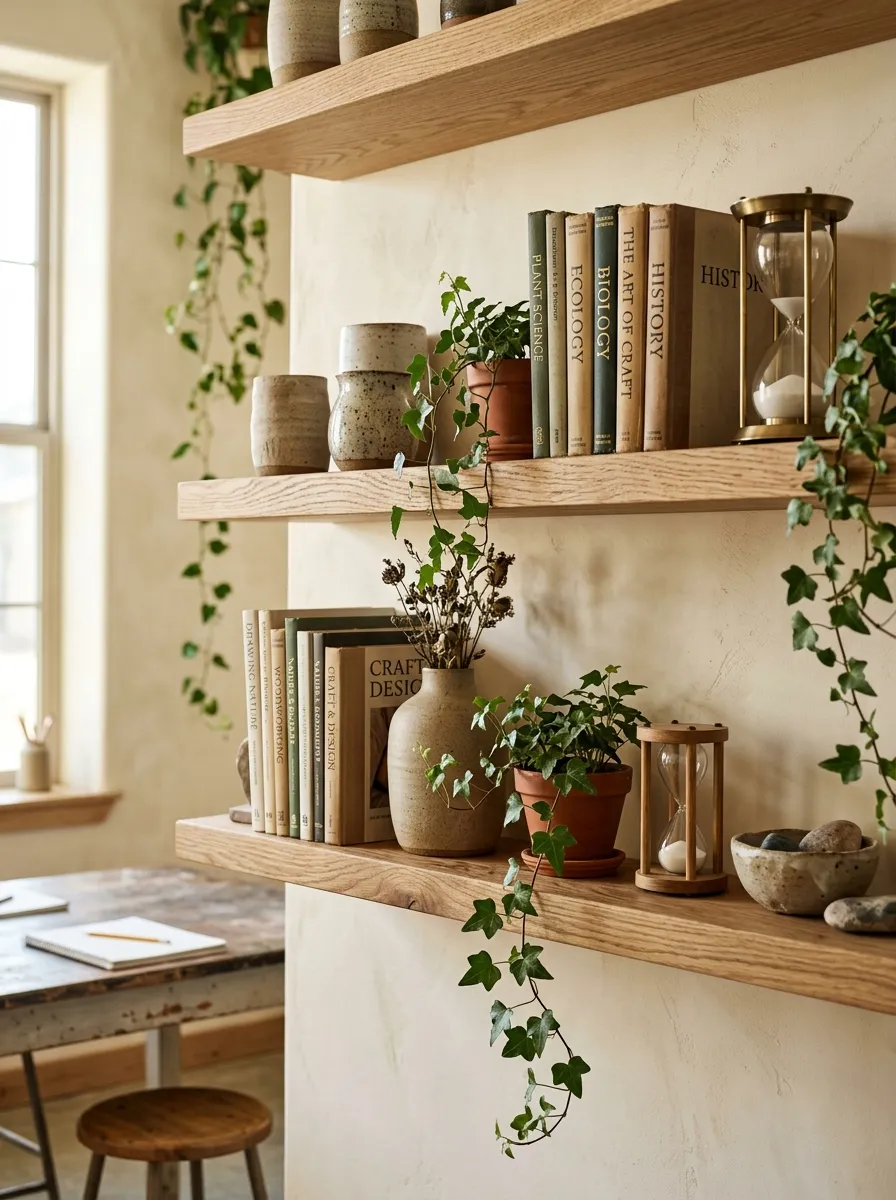 White oak floating shelves mounted on a cream wall holding ceramic vessels and natural science specimens