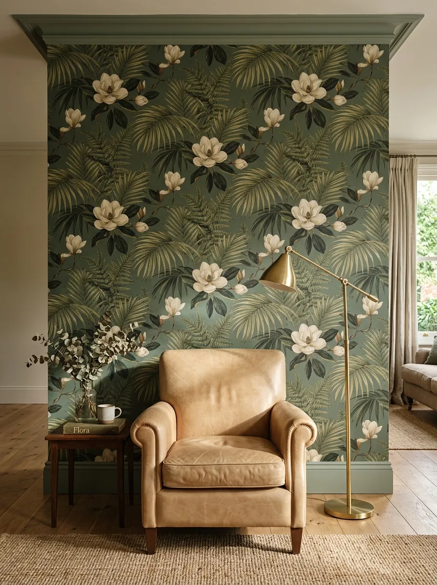 Living room feature wall clad in botanical green palm wallpaper behind a sand beige leather armchair