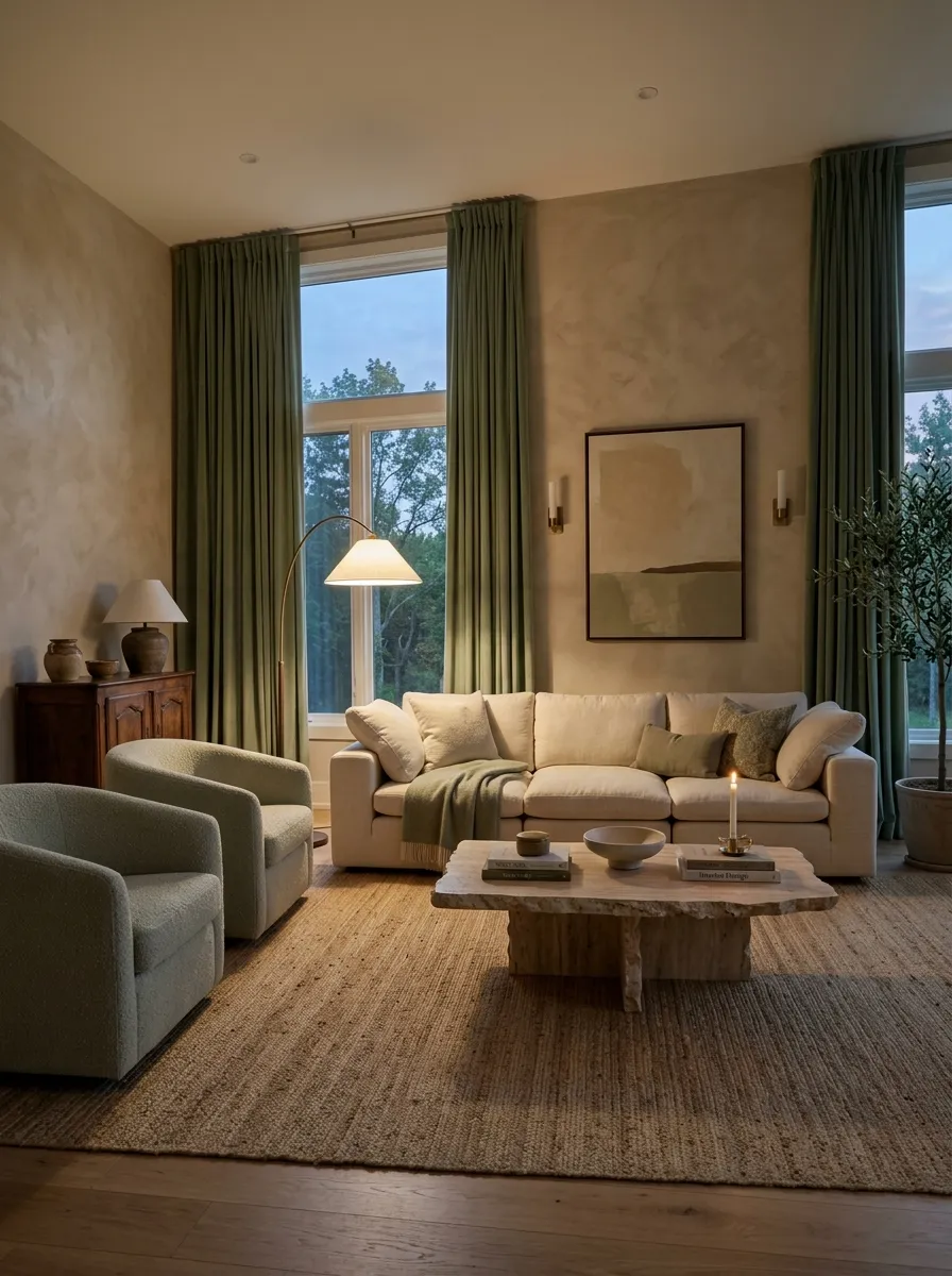 Immersive luxury living room seamlessly blending muted sage green and warm beige tones across walls, rugs, and seating