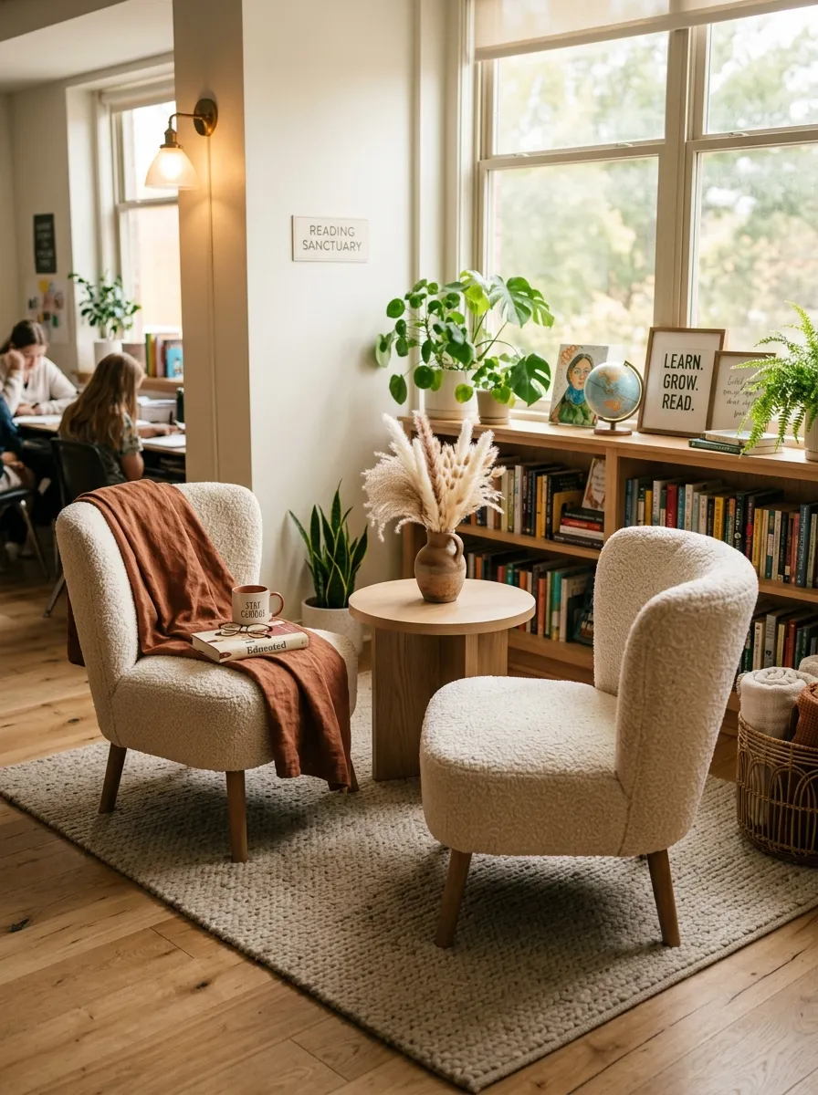 Cozy reading nook inside a classroom featuring cream boucle chairs, a wool area rug, and wooden side table
