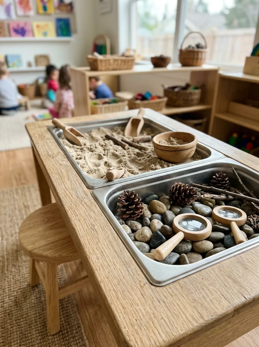 Child-height white oak sensory table filled with kinetic sand, wooden scoops, and pinecones