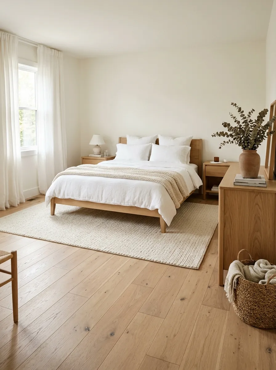 Bright master bedroom featuring light white oak hardwood floors and matching oak nightstands