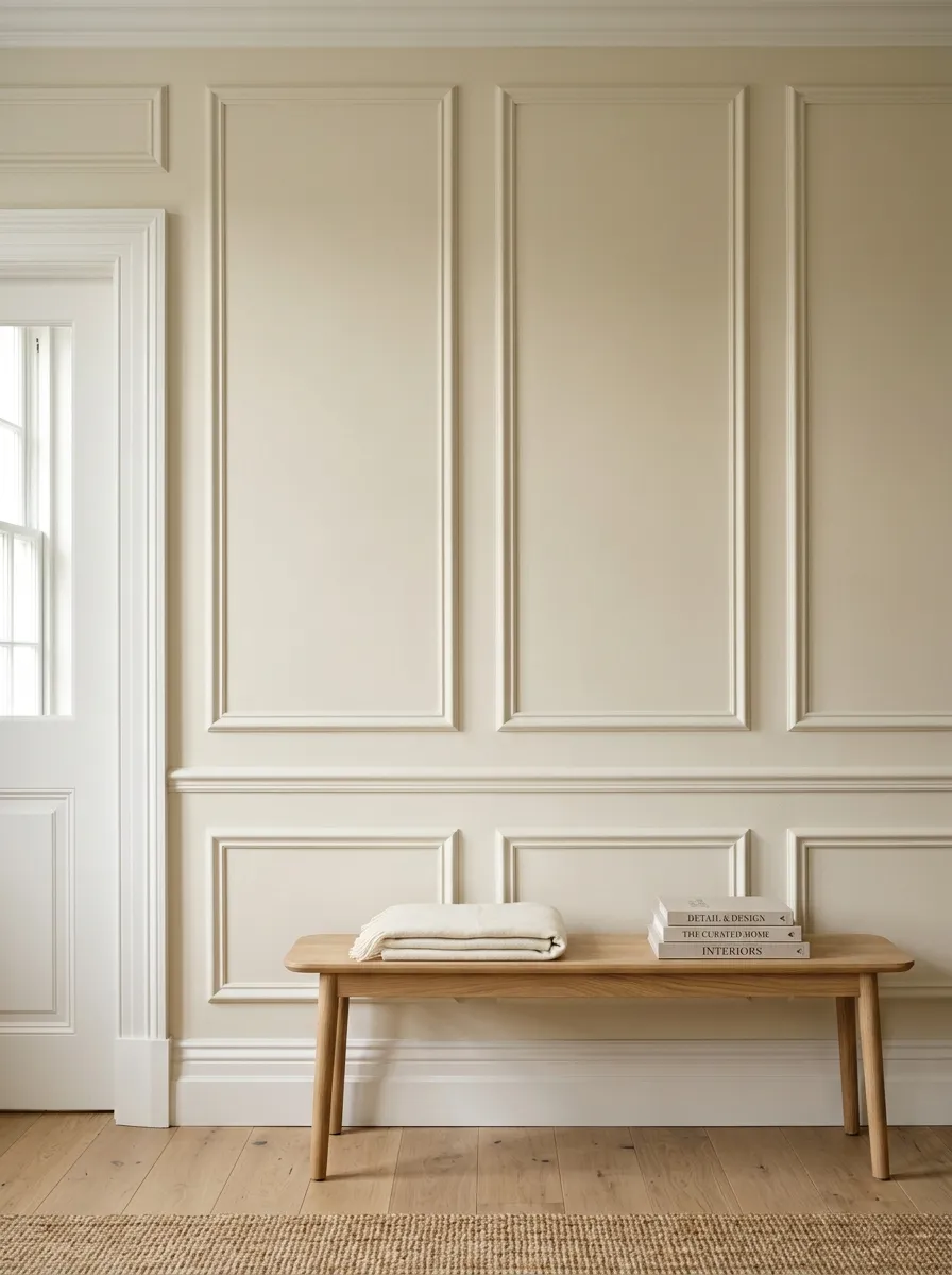 Sophisticated bedroom wall featuring matte cream paint contrasted with crisp warm white crown molding