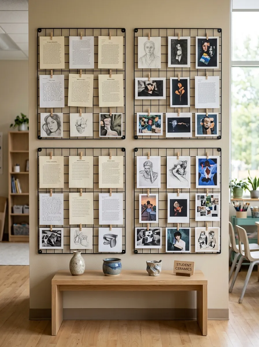 Modern student work gallery wall using matte black metal wire grids and wooden clips